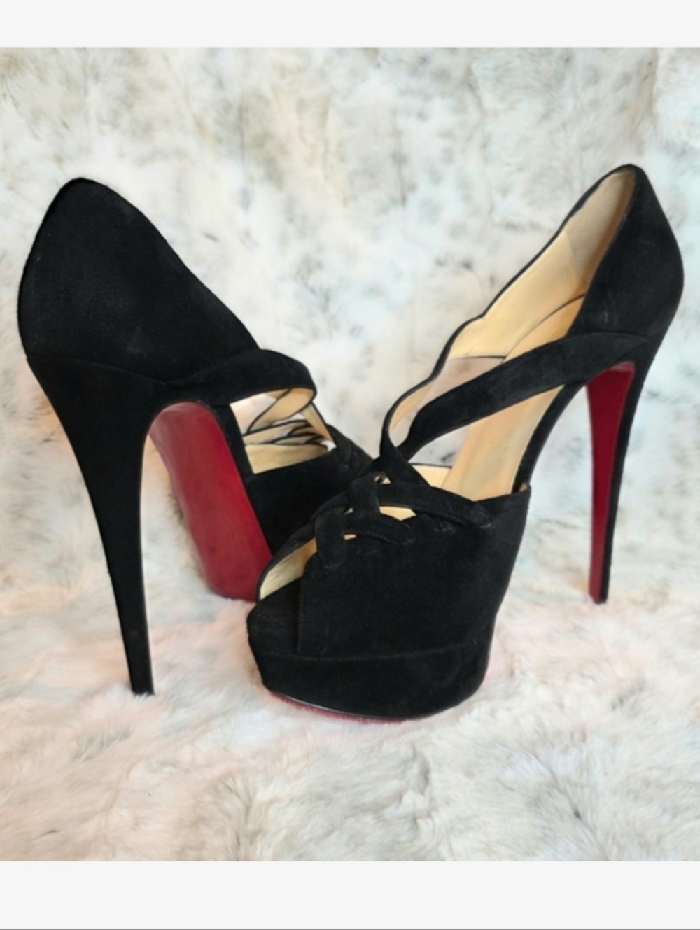 Christian Louboutin Black Suede Strappy Peep-Toe Platform Heels EU 38.5 / US 8